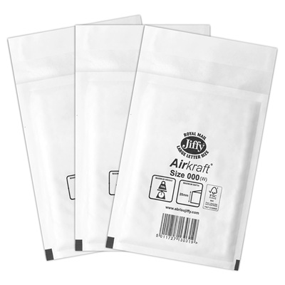 50 x Jiffy Airkraft Size 000 White Bubble Envelopes Bags 90x145mm (JL000W)